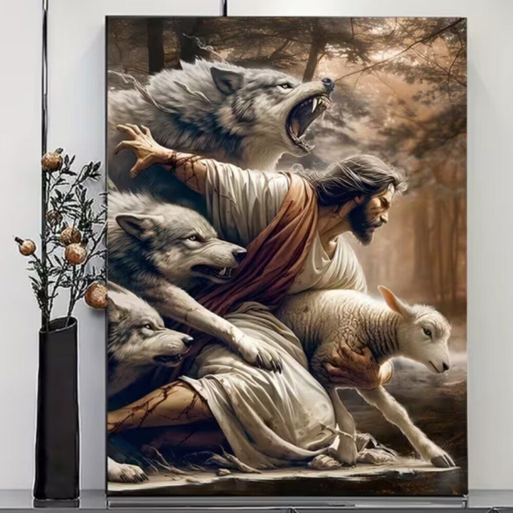 NWT Jesus Protecting Lamb From Wolves Canvas Wall Art Christian Print 16x24